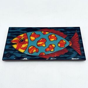 Vintage Bright Colorful Painted Fish Glossy Clay / Ceramic Tile Signed ?